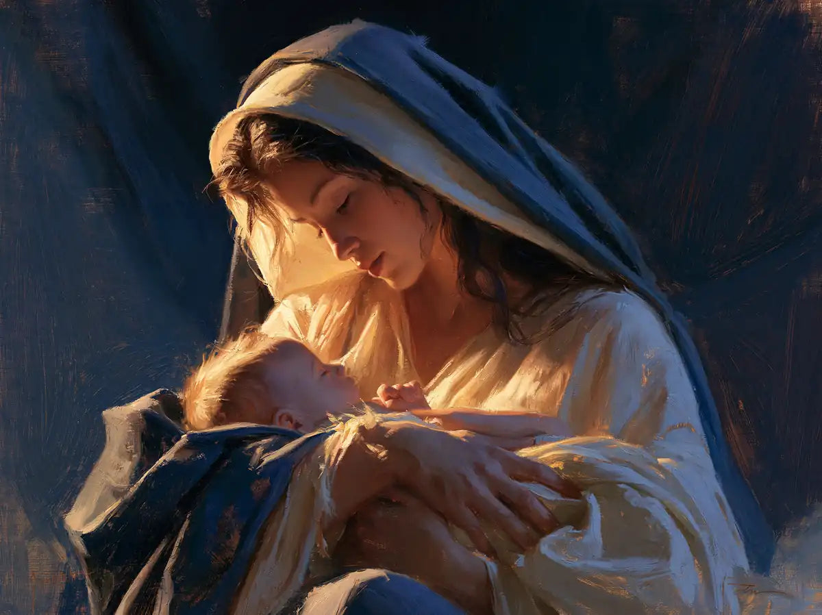Virgin Mary and Child Jesus - Midnight Blue Chiaroscuro - Christian artwork collection