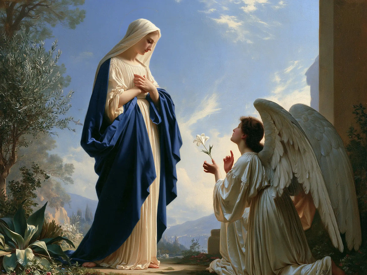 The Angel's Message beneath the Olive Canopy – Bouguereau-Inspired Academic Art · Landscape