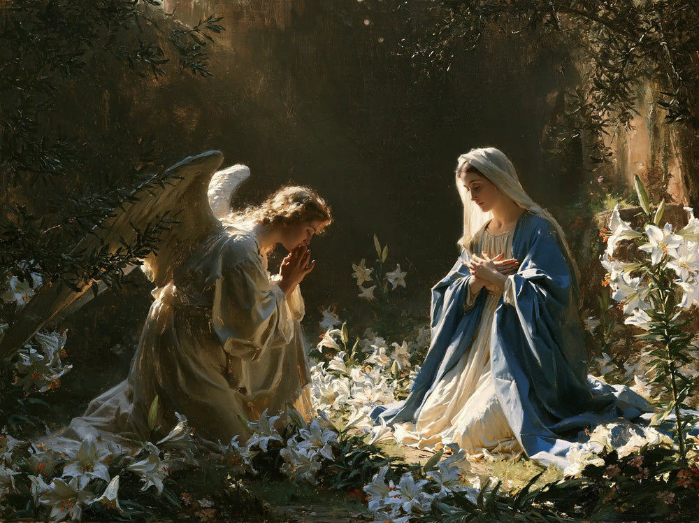 the Annunciation in a garden in The Annunciation in the Garden style, landscape Christian artwork no. 7