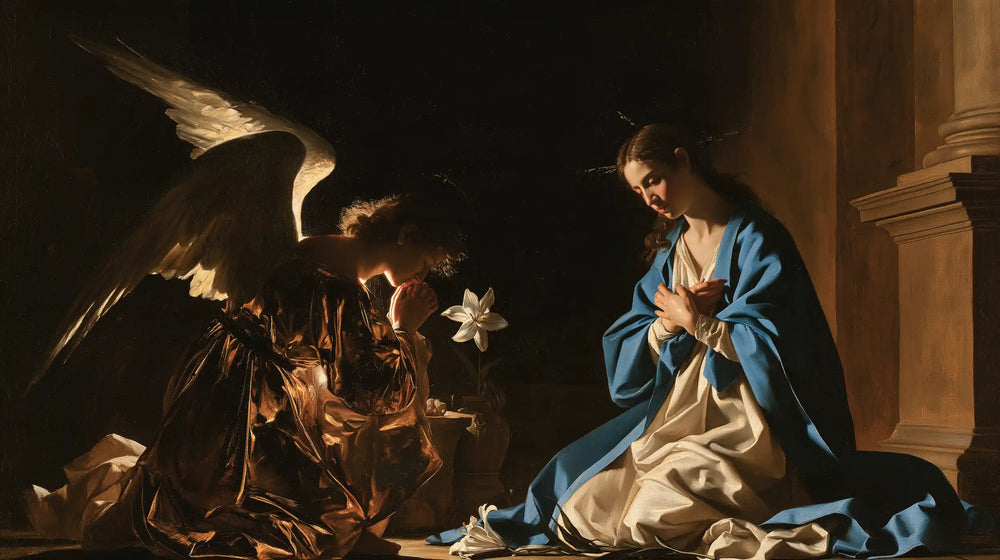 the Annunciation in black and gold in Black and Gold style, landscape Christian artwork no. 4