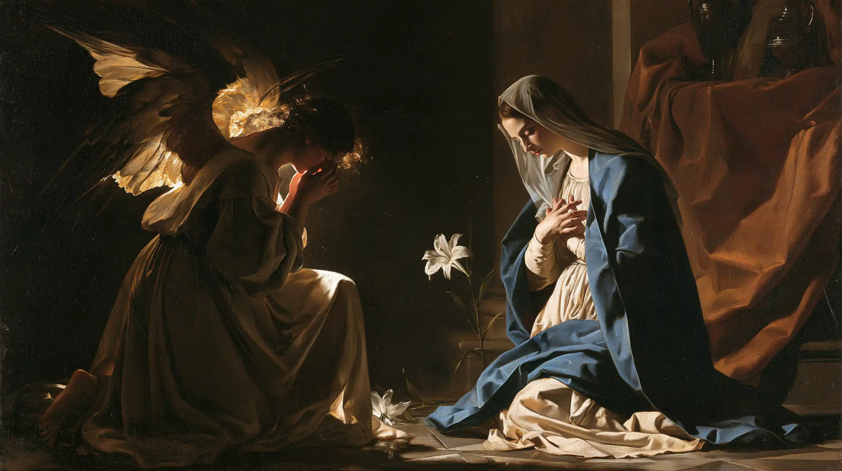 the Annunciation in black and gold in Black and Gold style, landscape Christian artwork no. 8