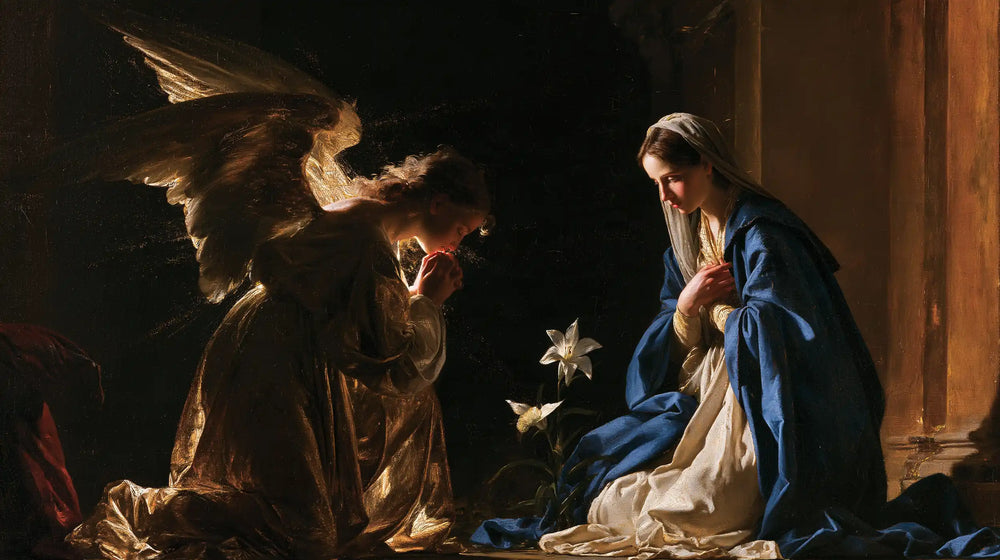 the Annunciation in black and gold in Black and Gold style, landscape Christian artwork no. 9