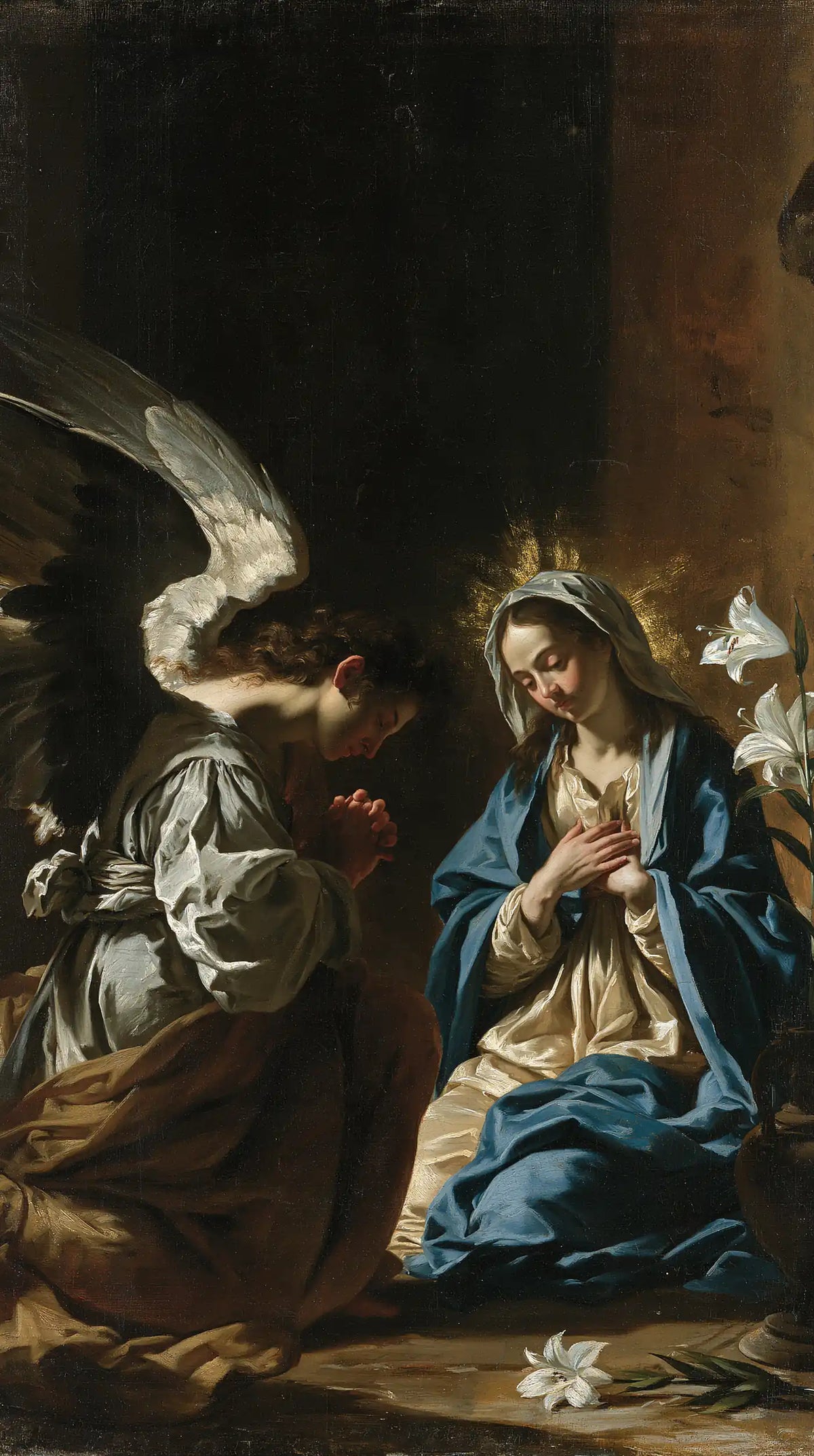 the Annunciation in black and gold in Black and Gold style, portrait Christian artwork no. 4
