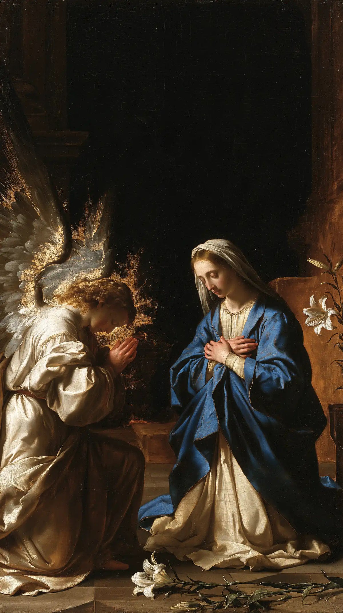 the Annunciation in black and gold in Black and Gold style, portrait Christian artwork no. 6