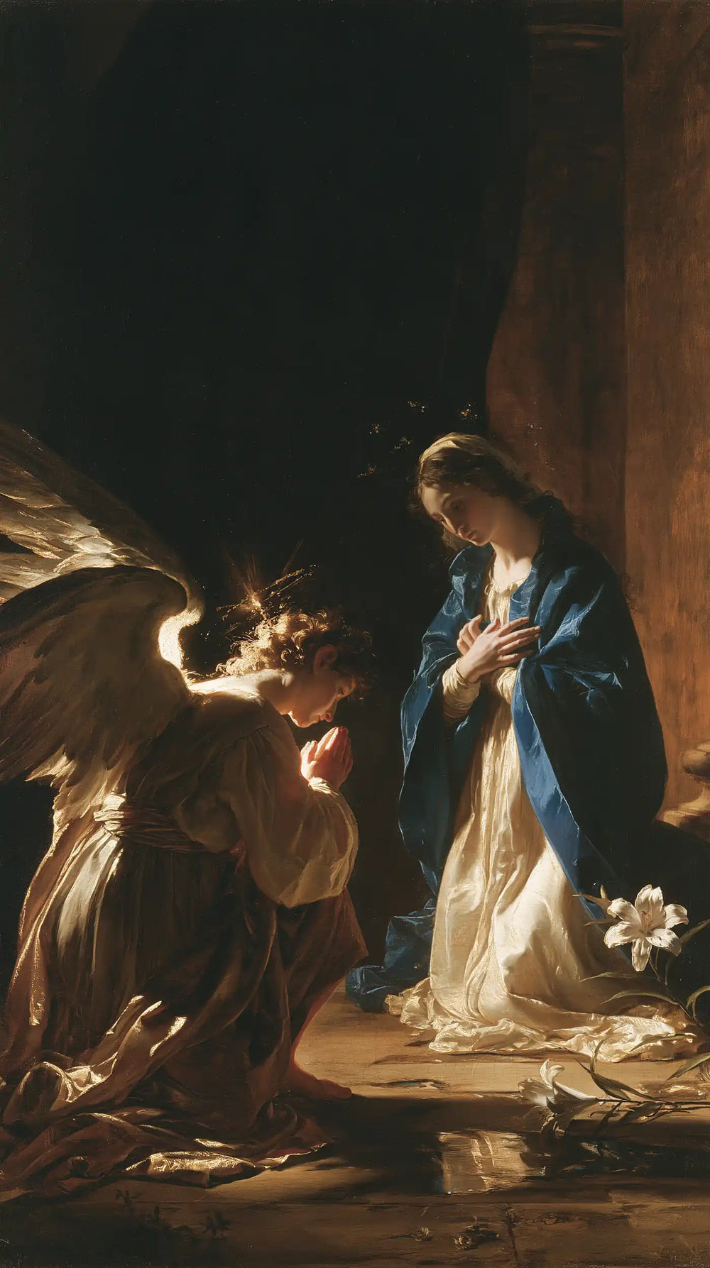 the Annunciation in black and gold in Black and Gold style, portrait Christian artwork no. 11