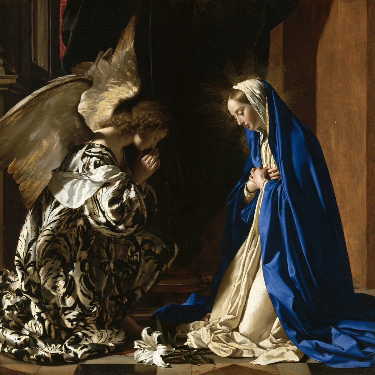 the Annunciation in black and gold in Black and Gold style, square Christian artwork no. 8