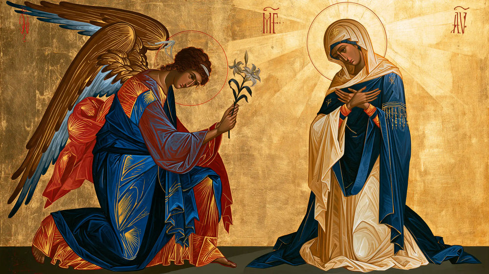 the Annunciation in a contemporary Byzantine icon in Contemporary Byzantine style, landscape Christian artwork no. 7