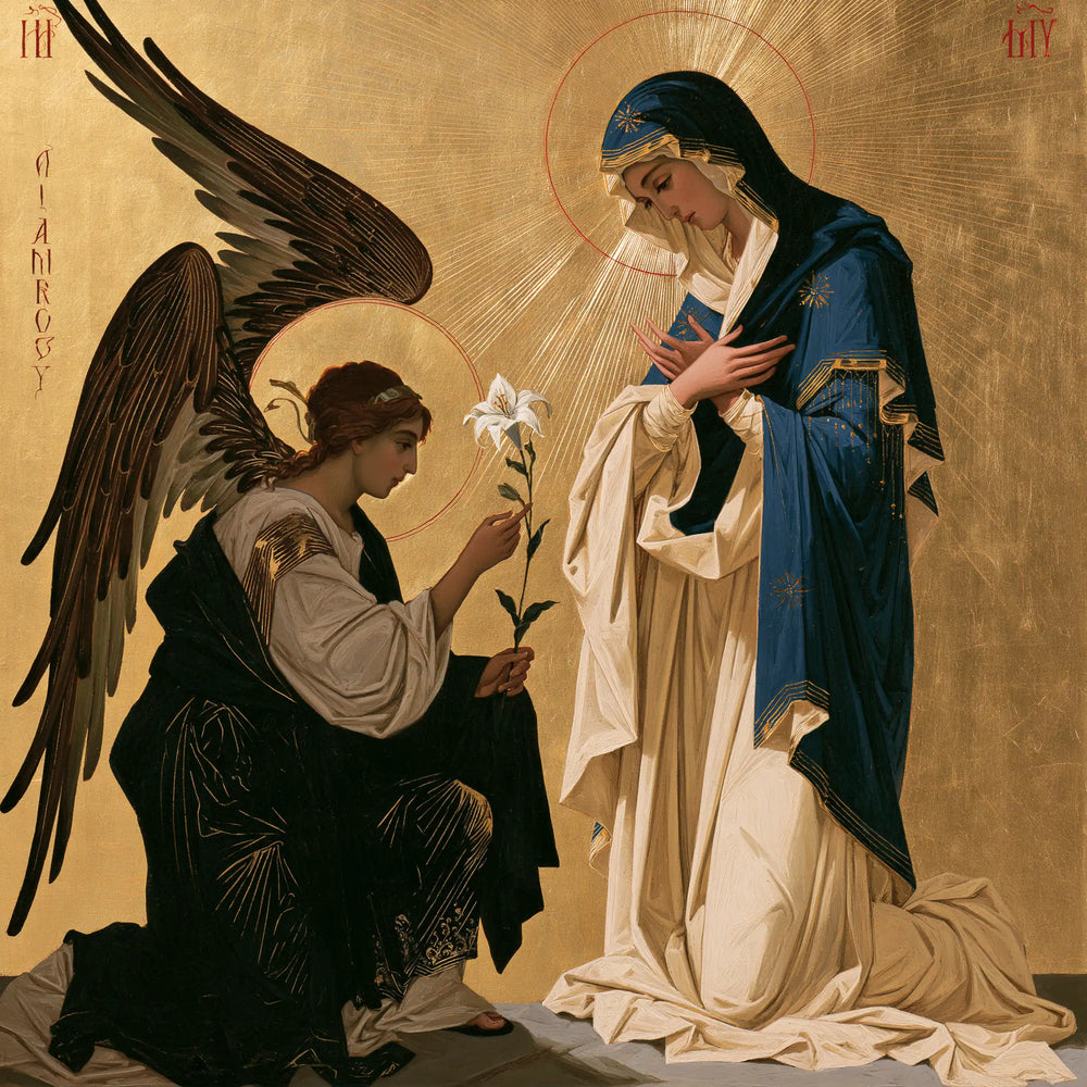 the Annunciation in a contemporary Byzantine icon in Contemporary Byzantine style, square Christian artwork no. 3
