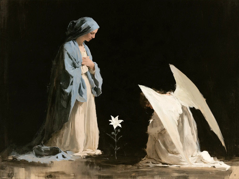the Annunciation in a minimalist composition in Contemporary Minimalism style, landscape Christian artwork no. 3
