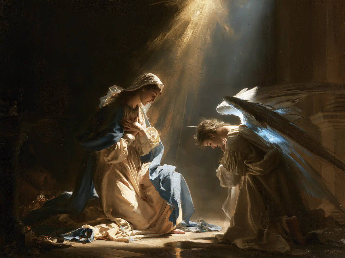 divine light descending upon Mary at the Annunciation in Divine Light Descending upon Mary style, landscape Christian artwork no. 5