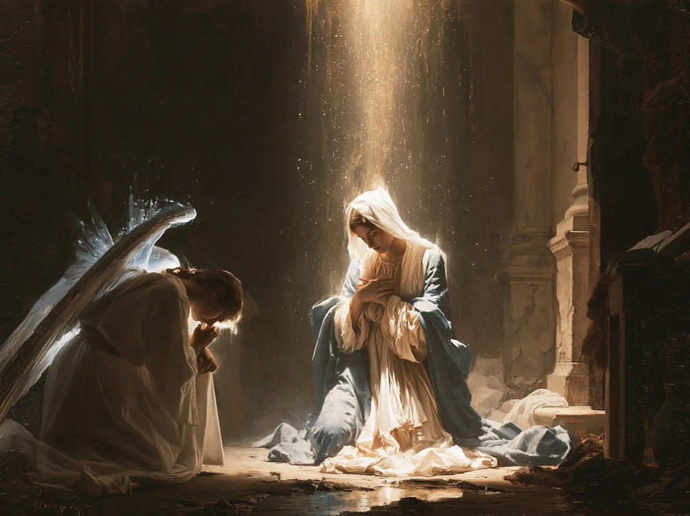 divine light descending upon Mary at the Annunciation in Divine Light Descending upon Mary style, landscape Christian artwork no. 11