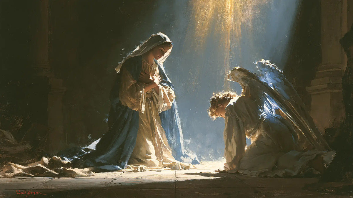 divine light descending upon Mary at the Annunciation in Divine Light Descending upon Mary style, landscape Christian artwork no. 14