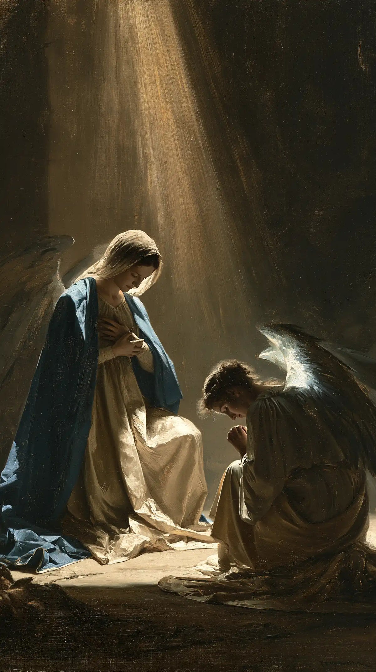divine light descending upon Mary at the Annunciation in Divine Light Descending upon Mary style, portrait Christian artwork no. 10
