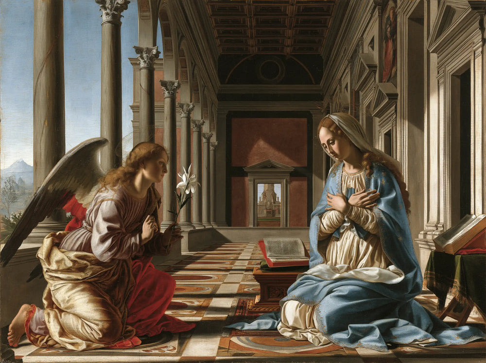 the Annunciation in Florentine Renaissance style in Florentine Renaissance style, landscape Christian artwork no. 6