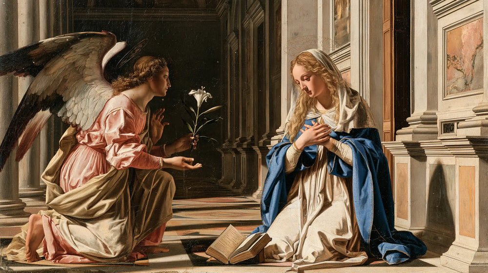 the Annunciation in Florentine Renaissance style in Florentine Renaissance style, landscape Christian artwork no. 12