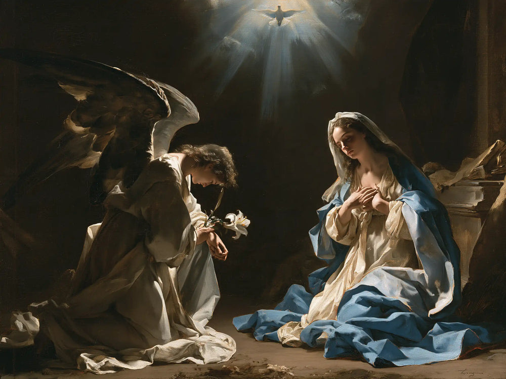 the Annunciation with the Holy Spirit in The Holy Spirit style, landscape Christian artwork no. 2
