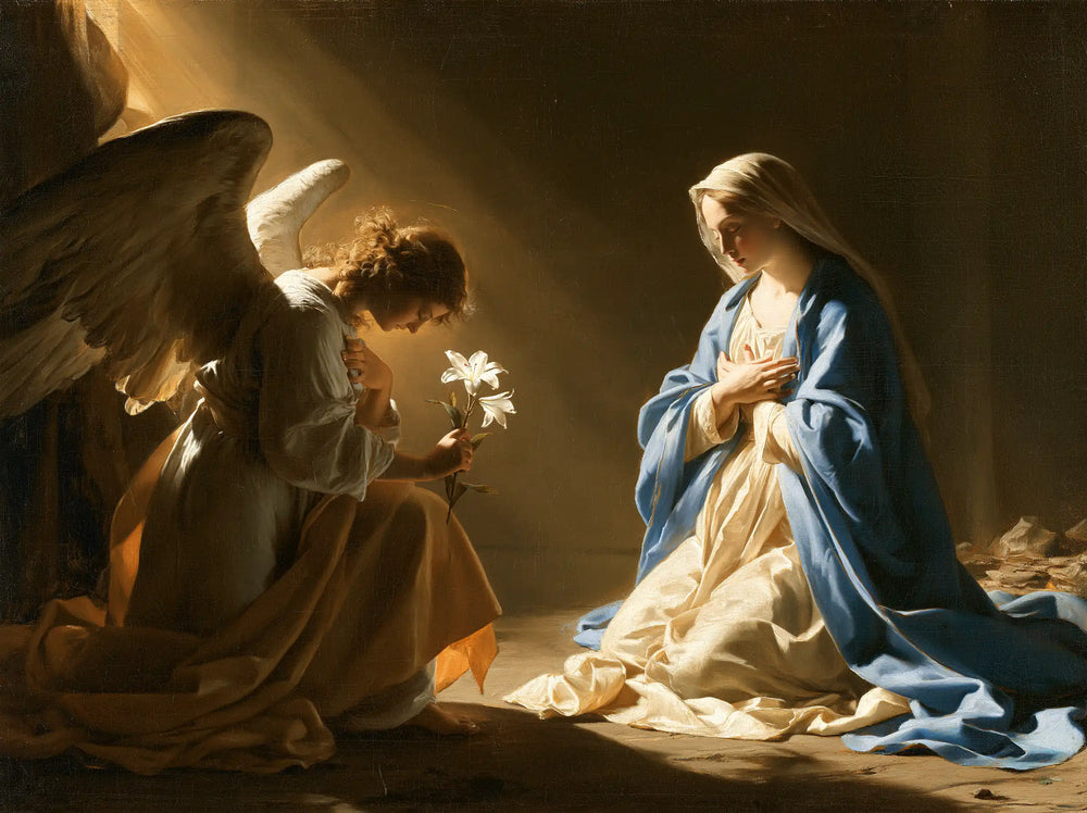 Mary kneeling before Gabriel at the Annunciation in Mary Kneeling before Gabriel style, landscape Christian artwork no. 1