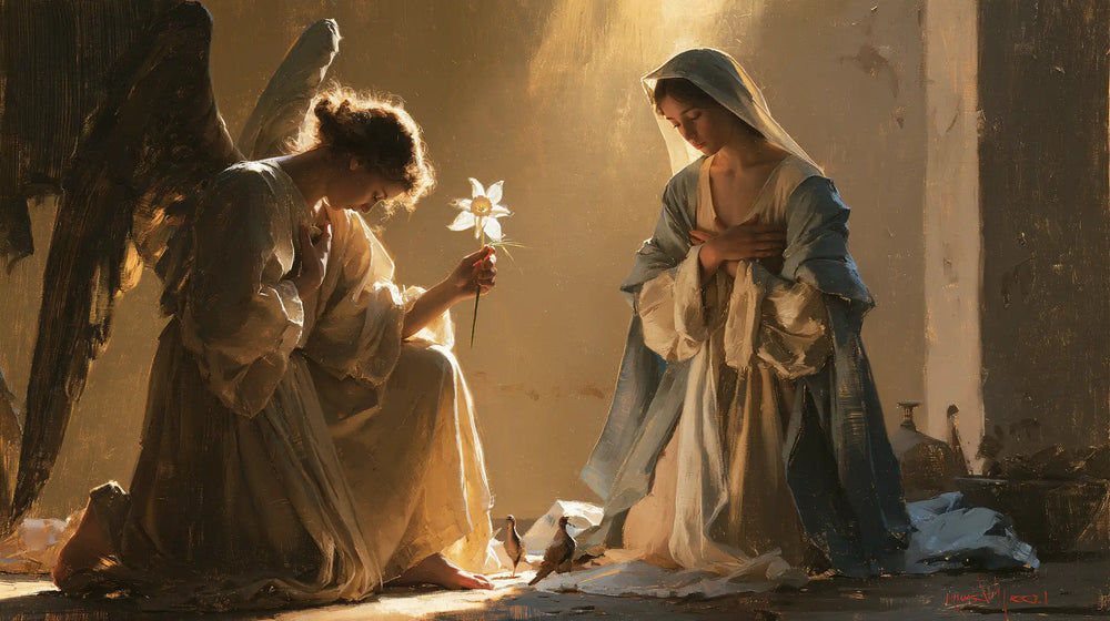 Mary kneeling before Gabriel at the Annunciation in Mary Kneeling before Gabriel style, landscape Christian artwork no. 2