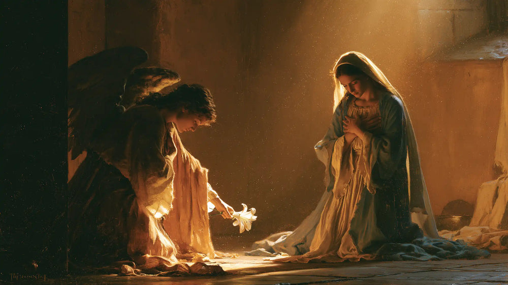 Mary kneeling before Gabriel at the Annunciation in Mary Kneeling before Gabriel style, landscape Christian artwork no. 8