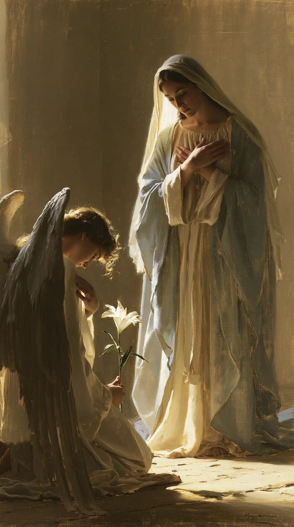 Mary kneeling before Gabriel at the Annunciation in Mary Kneeling before Gabriel style, portrait Christian artwork no. 1
