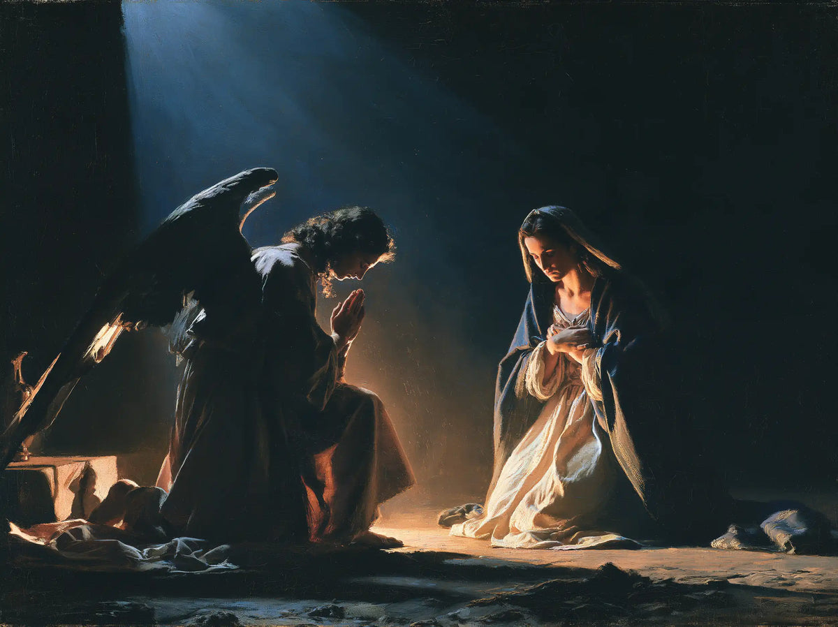 the Annunciation in midnight-blue chiaroscuro in Midnight Blue Chiaroscuro style, landscape Christian artwork no. 1