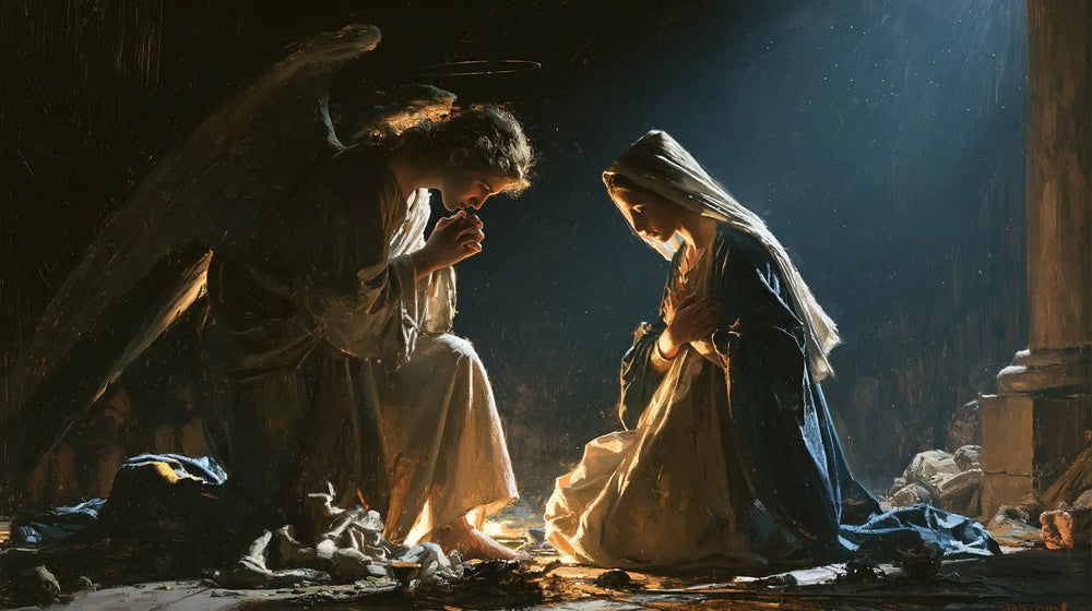 the Annunciation in midnight-blue chiaroscuro in Midnight Blue Chiaroscuro style, landscape Christian artwork no. 20