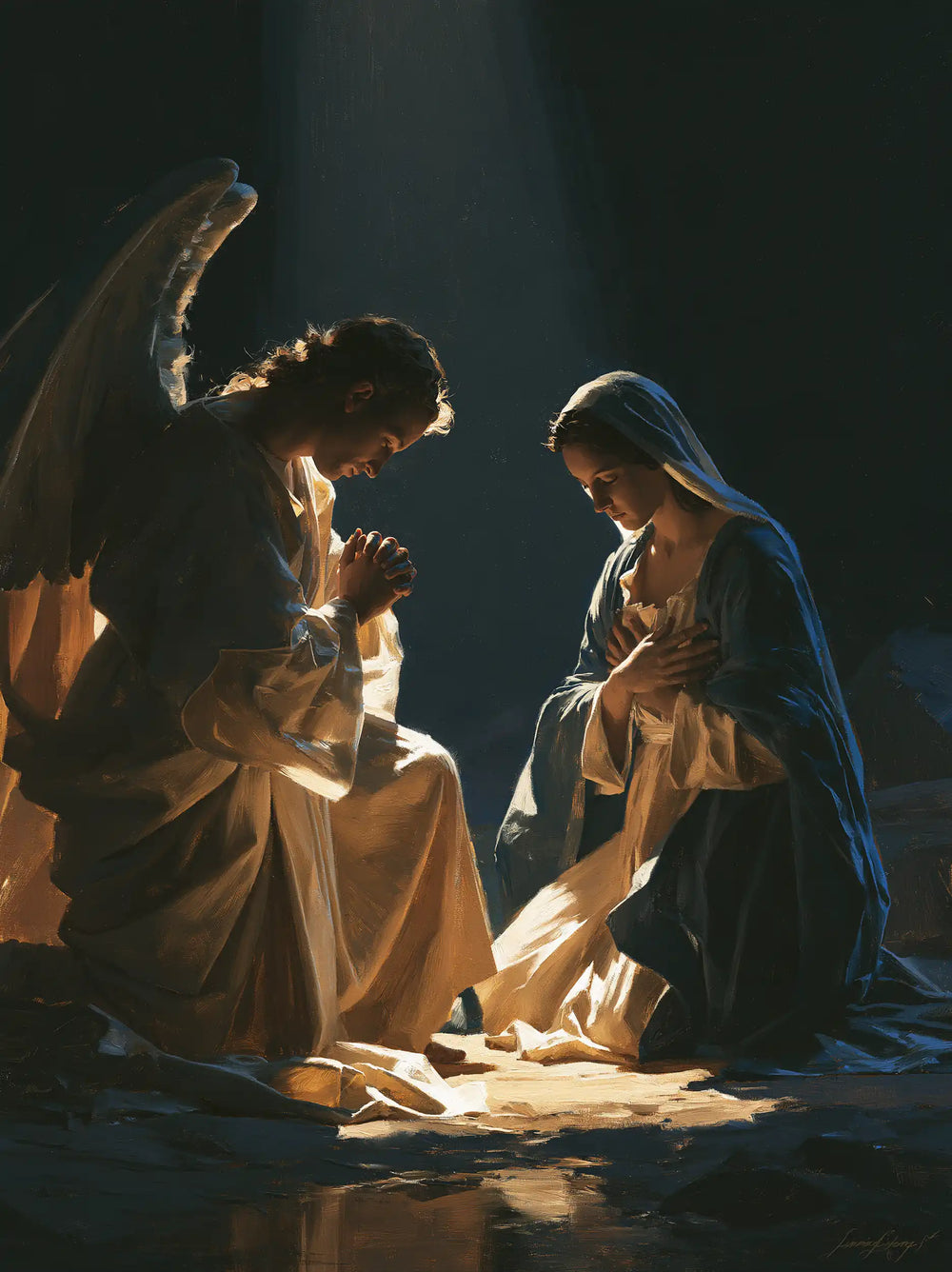 the Annunciation in midnight-blue chiaroscuro in Midnight Blue Chiaroscuro style, portrait Christian artwork no. 16