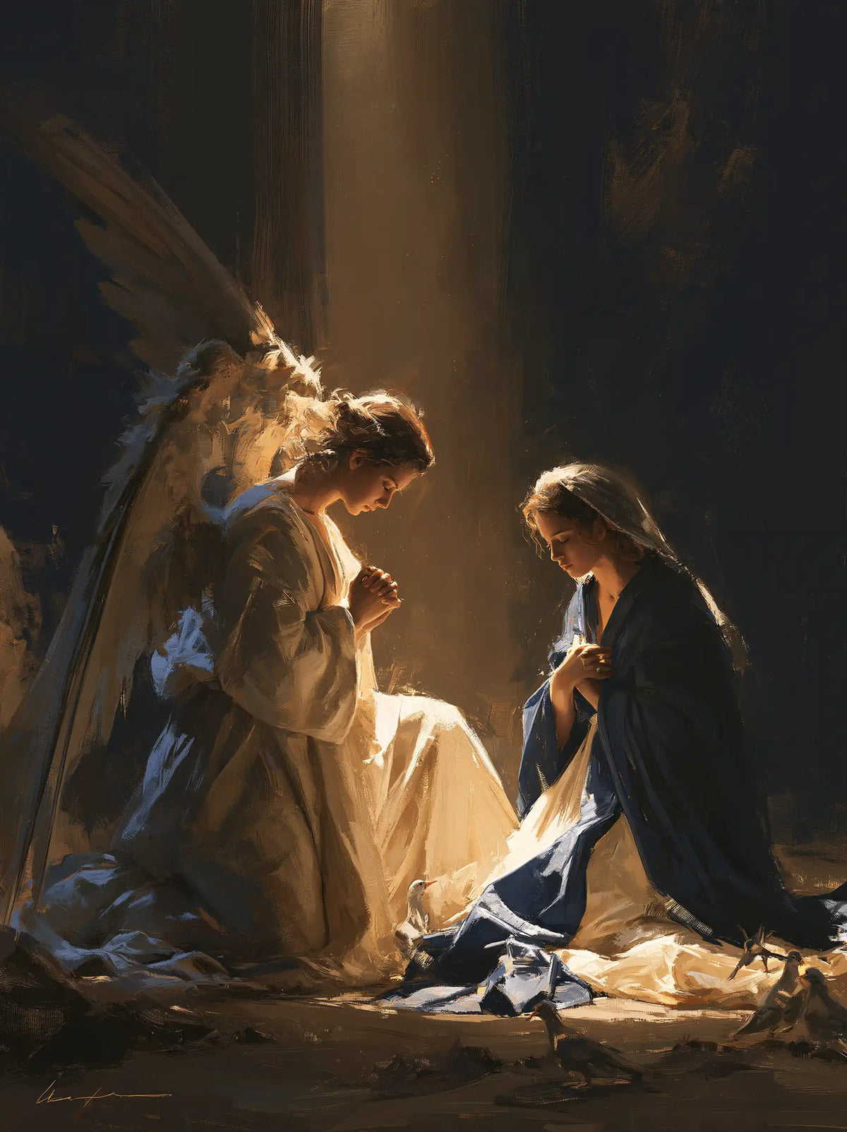the Annunciation in midnight-blue chiaroscuro in Midnight Blue Chiaroscuro style, portrait Christian artwork no. 20