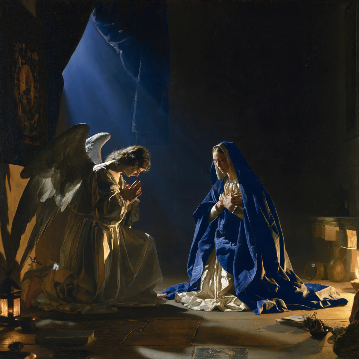 the Annunciation in midnight-blue chiaroscuro in Midnight Blue Chiaroscuro style, square Christian artwork no. 6