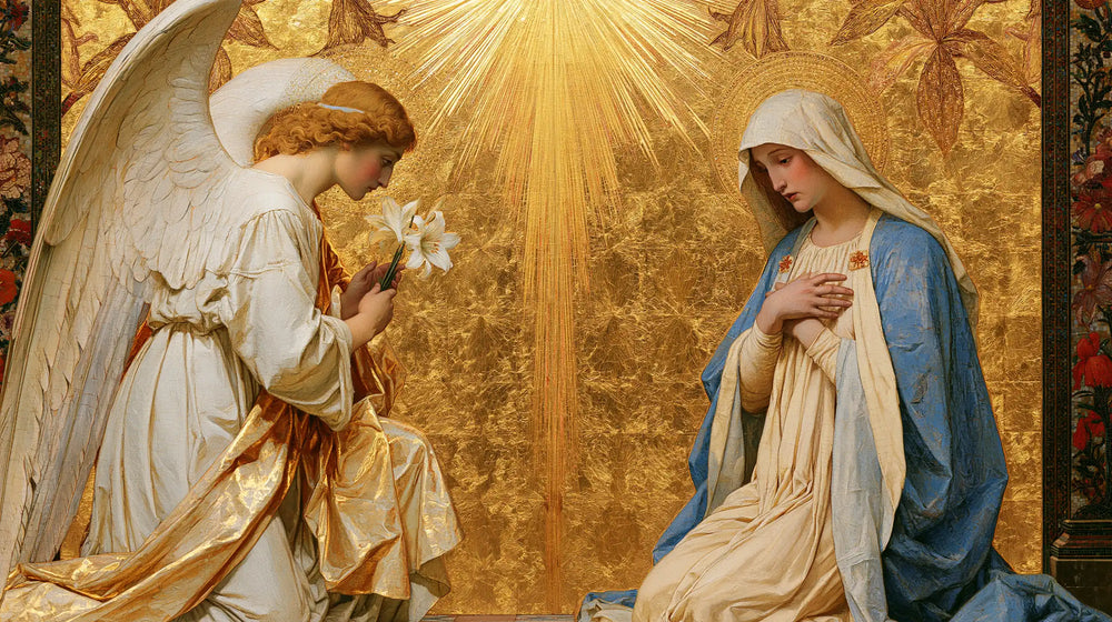 the Annunciation in sacred golden light in Sacred Gold style, landscape Christian artwork no. 9