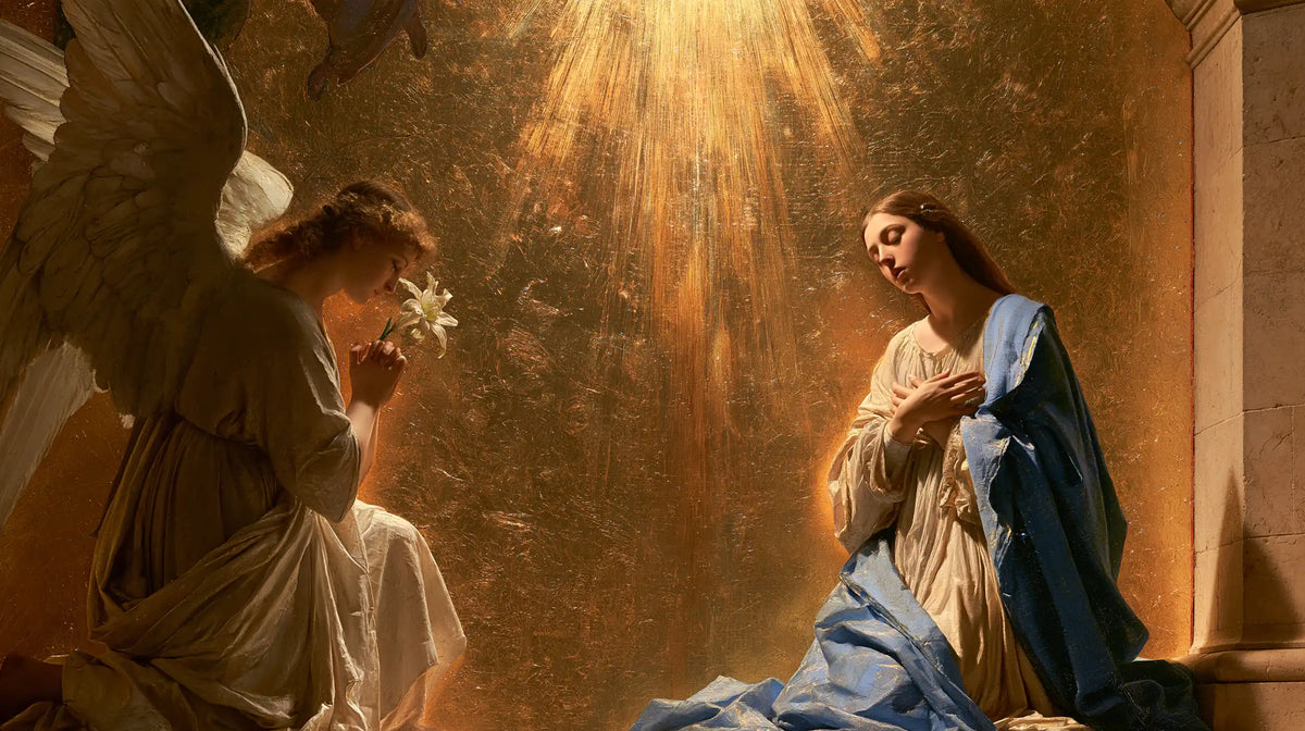 the Annunciation in sacred golden light in Sacred Gold style, landscape Christian artwork no. 13