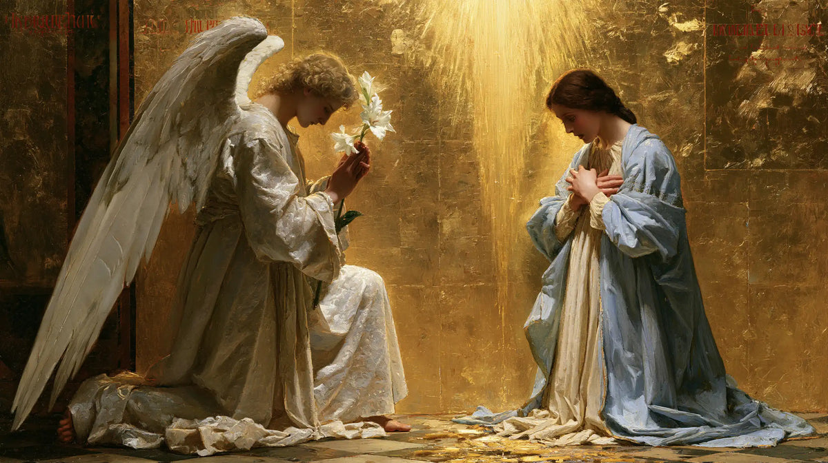 the Annunciation in sacred golden light in Sacred Gold style, landscape Christian artwork no. 14