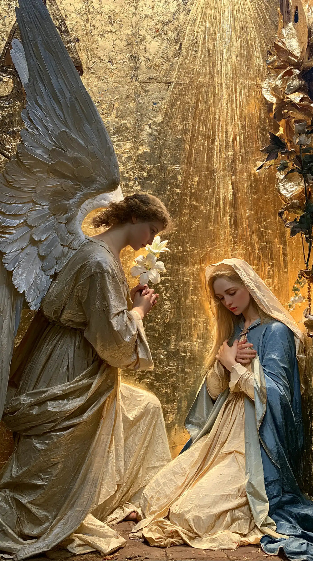 the Annunciation in sacred golden light in Sacred Gold style, portrait Christian artwork no. 2
