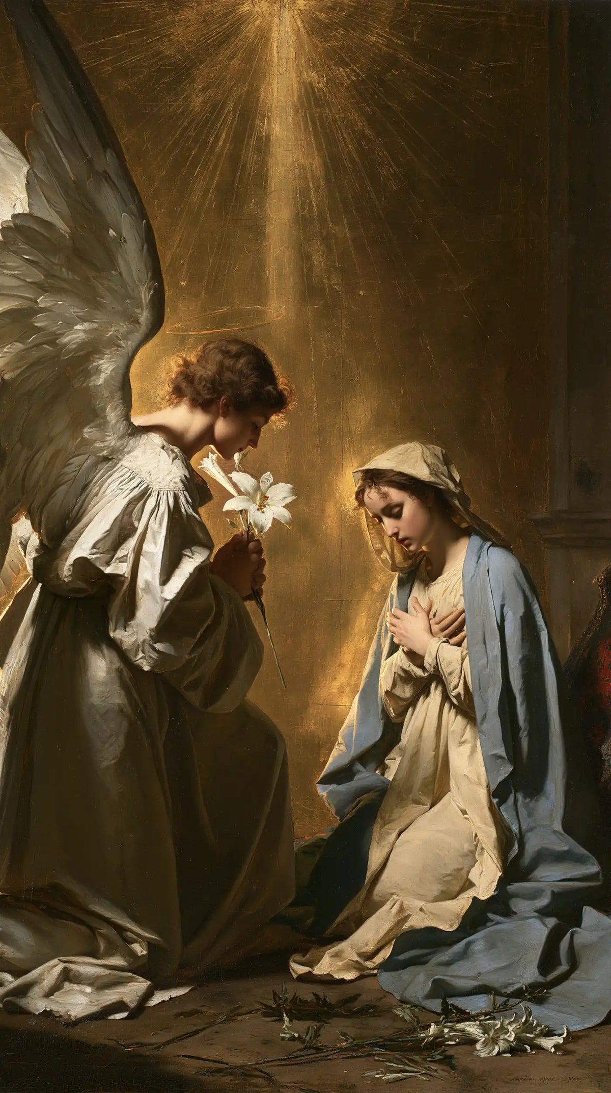 the Annunciation in sacred golden light in Sacred Gold style, portrait Christian artwork no. 3