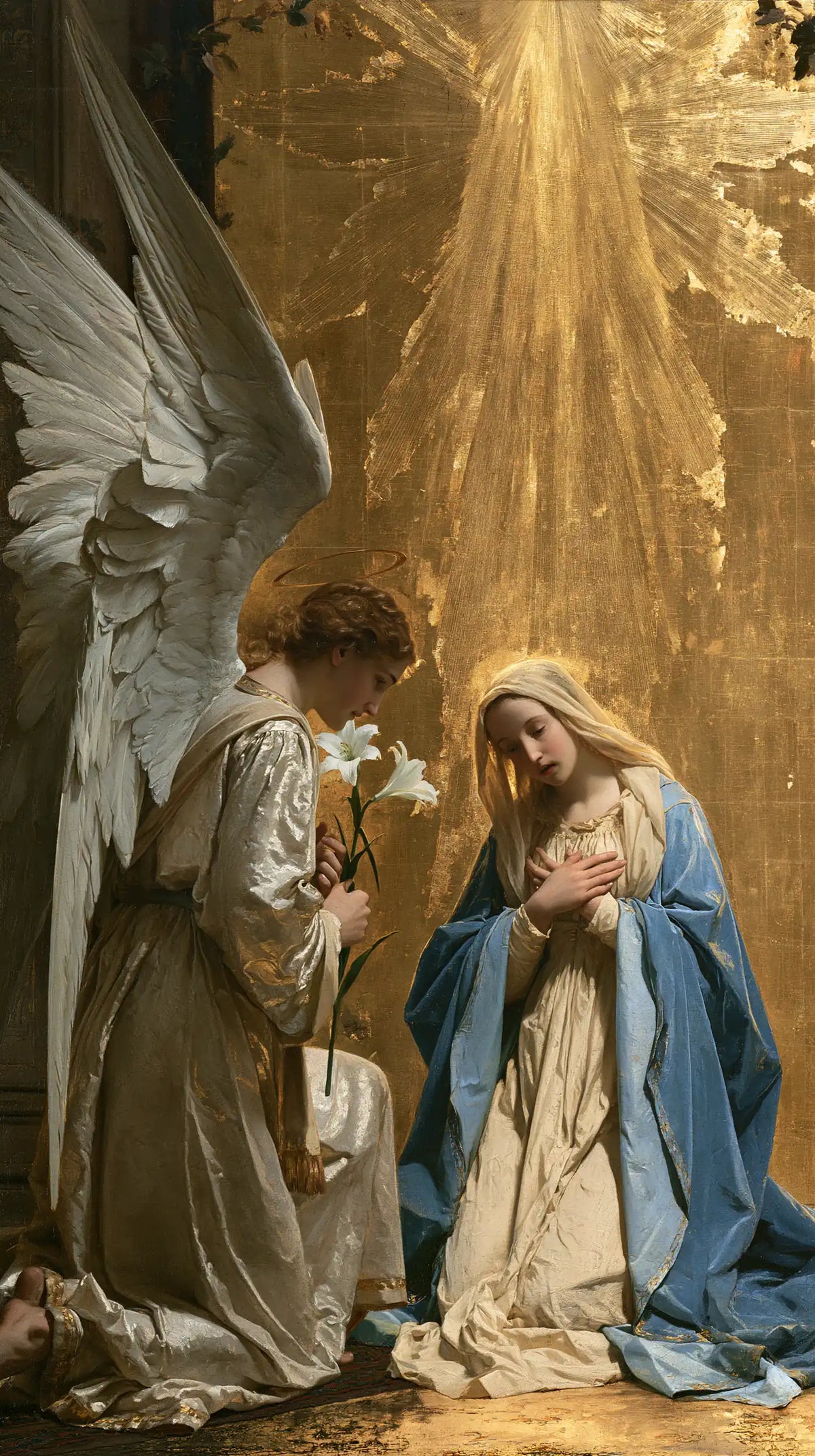 the Annunciation in sacred golden light in Sacred Gold style, portrait Christian artwork no. 6