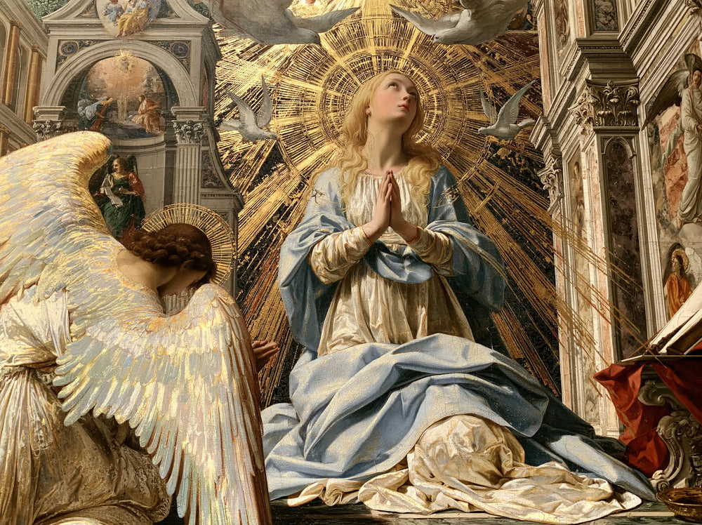the Annunciation in a monumental sacred view in Sacred Monumental View style, landscape Christian artwork no. 3