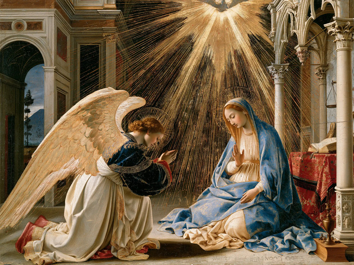 the Annunciation in a monumental sacred view in Sacred Monumental View style, landscape Christian artwork no. 4
