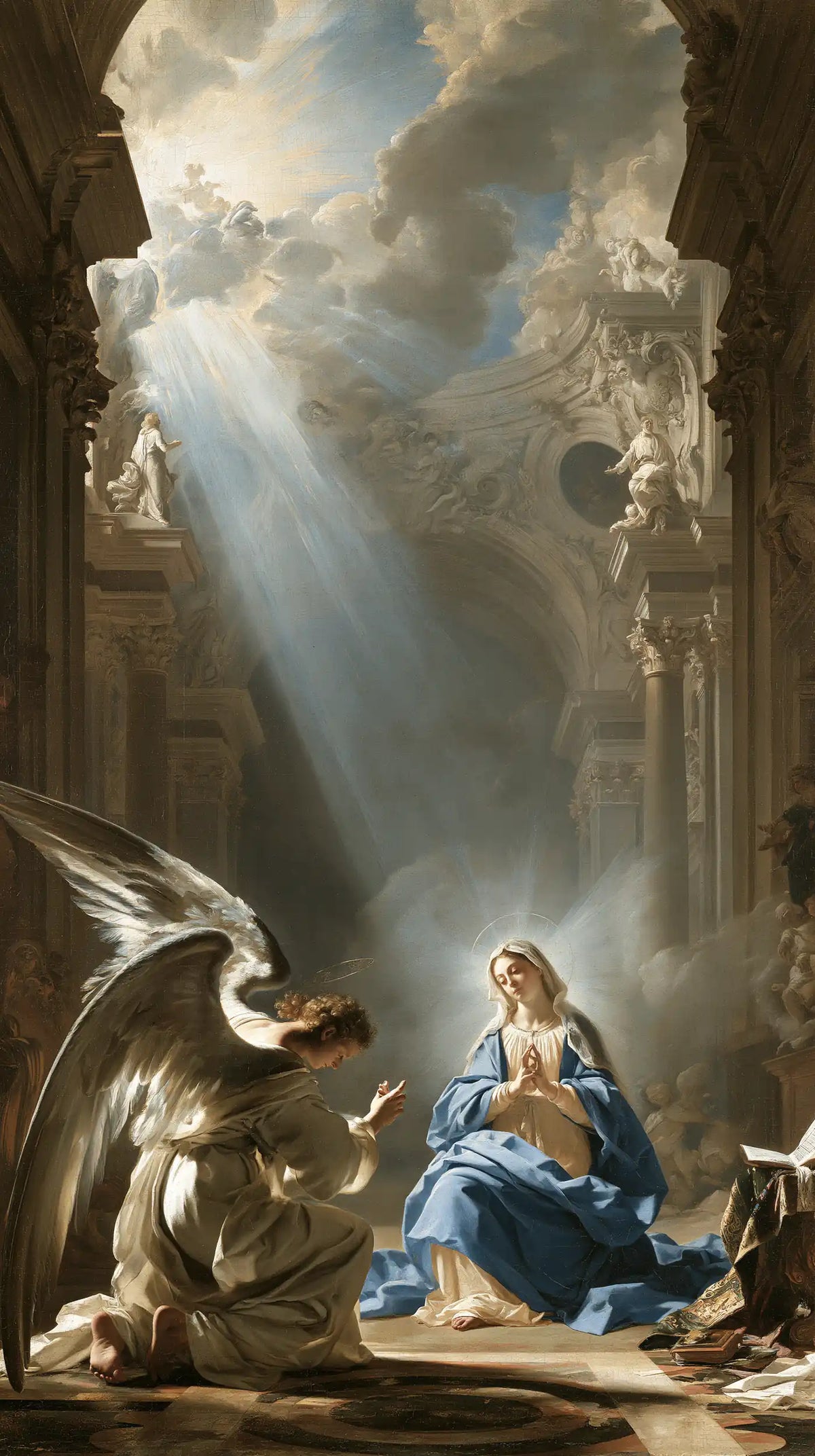 the Annunciation in a monumental sacred view in Sacred Monumental View style, portrait Christian artwork no. 1