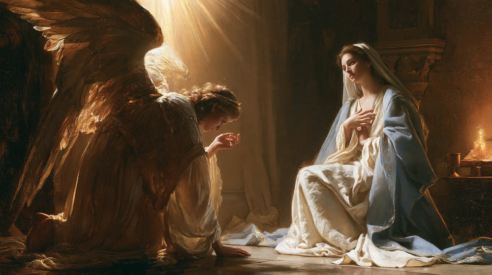 Mary receiving Gabriel's message in sacred surprise in Sacred Surprise style, landscape Christian artwork no. 11