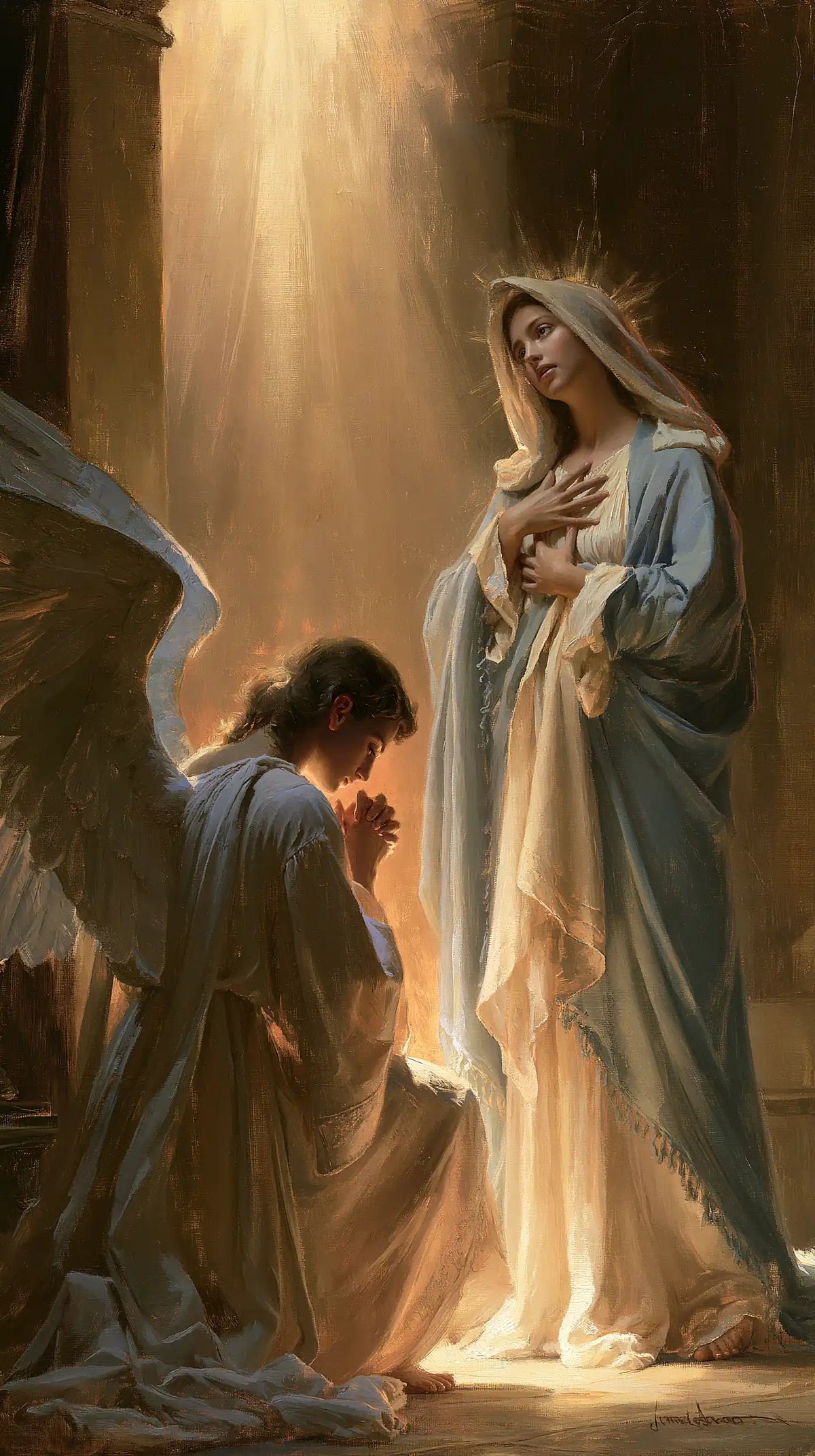 Mary receiving Gabriel's message in sacred surprise in Sacred Surprise style, portrait Christian artwork no. 2