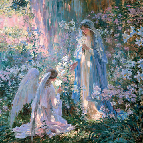 Mary in blue and Gabriel kneeling beside flowers in a shaded Impressionist Annunciation square