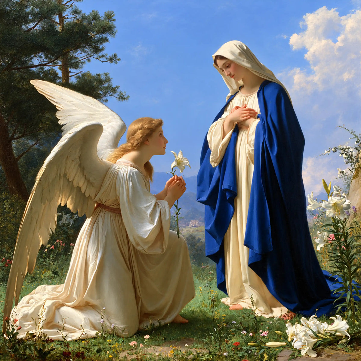The Annunciation in a Sunlit Meadow – Bouguereau-Inspired Academic Art · Square