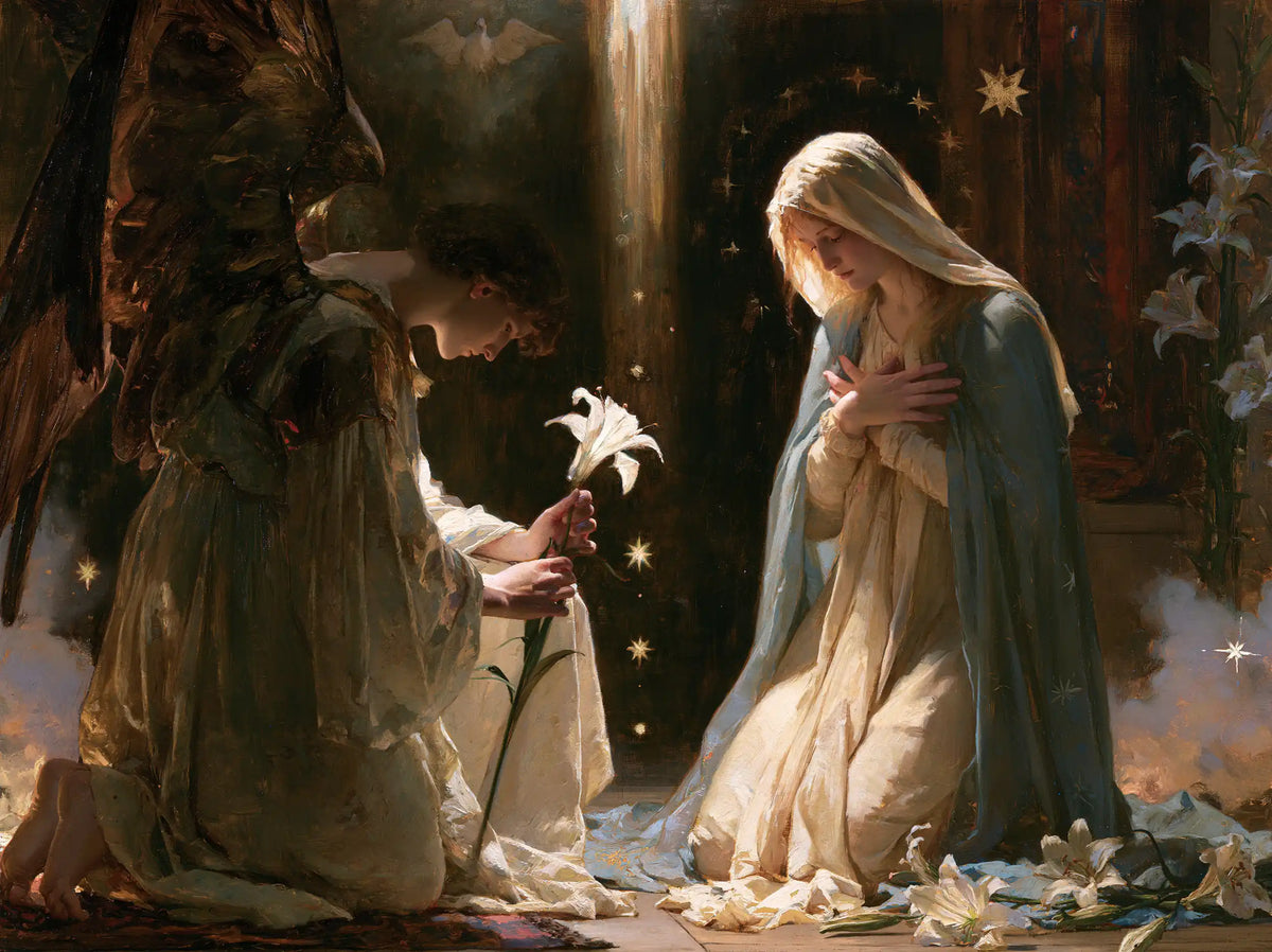 the Annunciation in a symbolist composition in Symbolist style, landscape Christian artwork no. 3