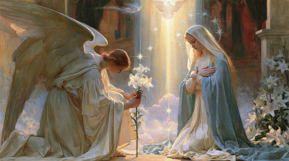 the Annunciation in a symbolist composition in Symbolist style, landscape Christian artwork no. 14