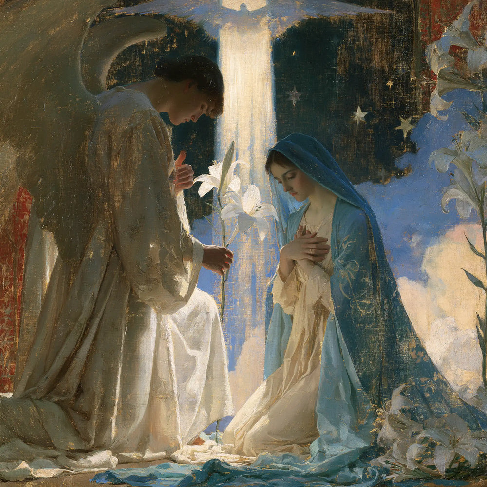 the Annunciation in a symbolist composition in Symbolist style, square Christian artwork no. 5