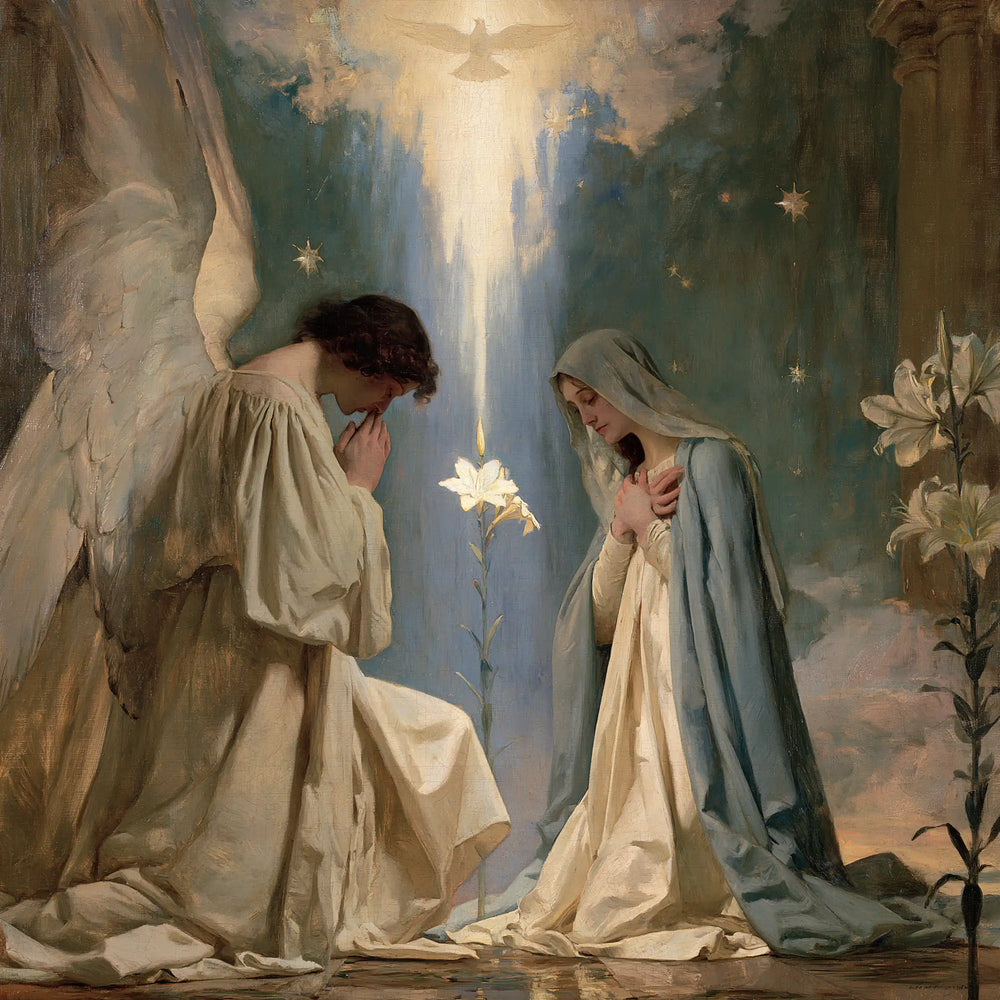 the Annunciation in a symbolist composition in Symbolist style, square Christian artwork no. 7