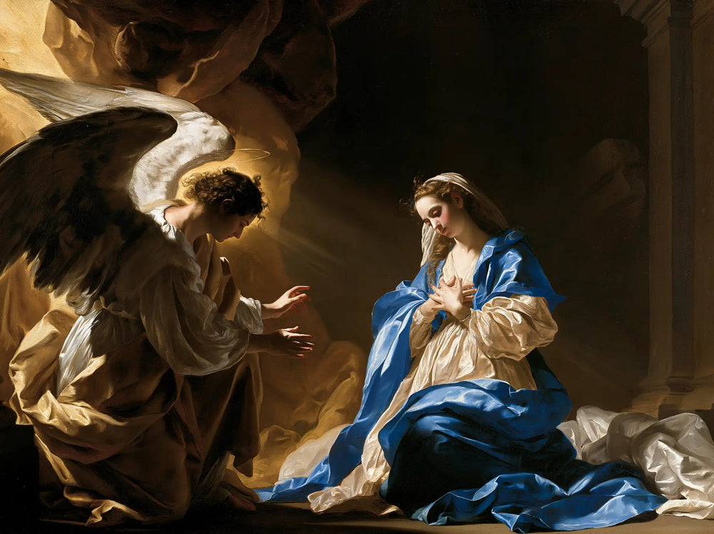 the Annunciation in a theatrical Baroque scene in Theatrical Baroque style, landscape Christian artwork no. 2