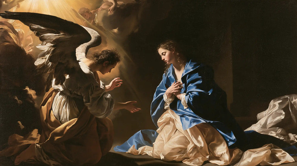 the Annunciation in a theatrical Baroque scene in Theatrical Baroque style, landscape Christian artwork no. 19