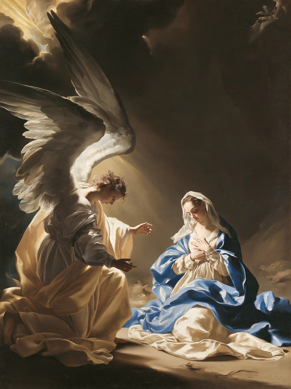 the Annunciation in a theatrical Baroque scene in Theatrical Baroque style, portrait Christian artwork no. 16