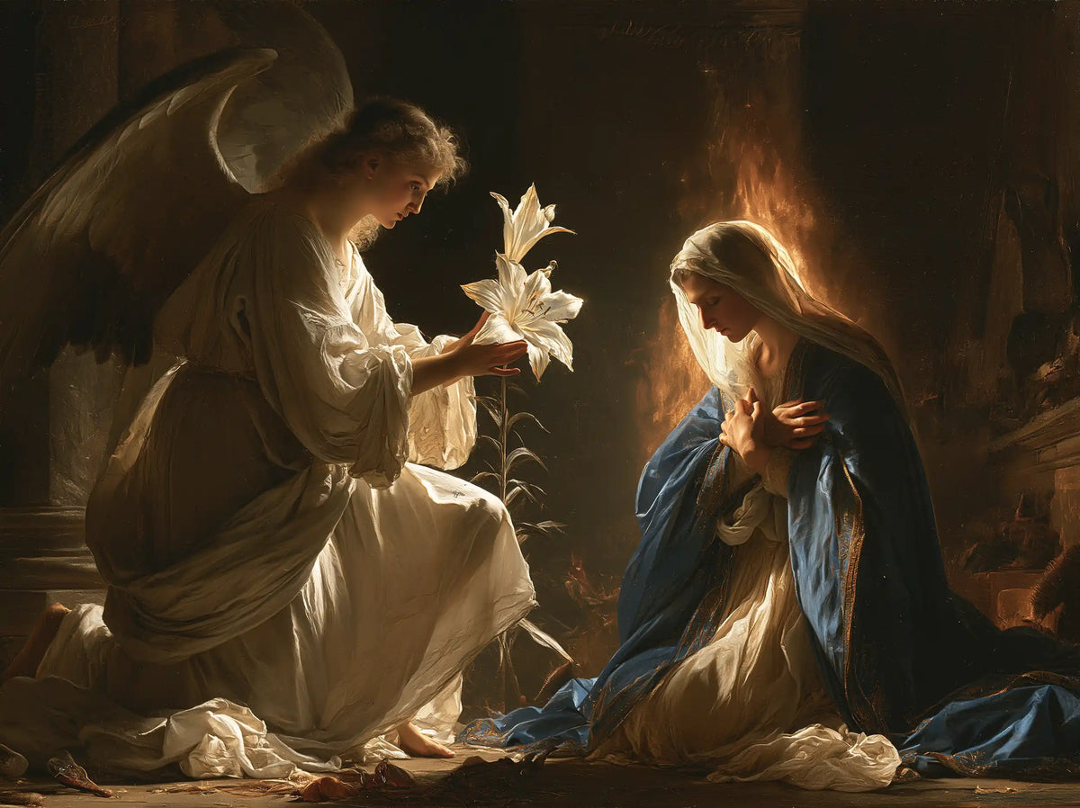the Annunciation with the white lily as a central symbol in The White Lily as Symbol style, landscape Christian artwork no. 2